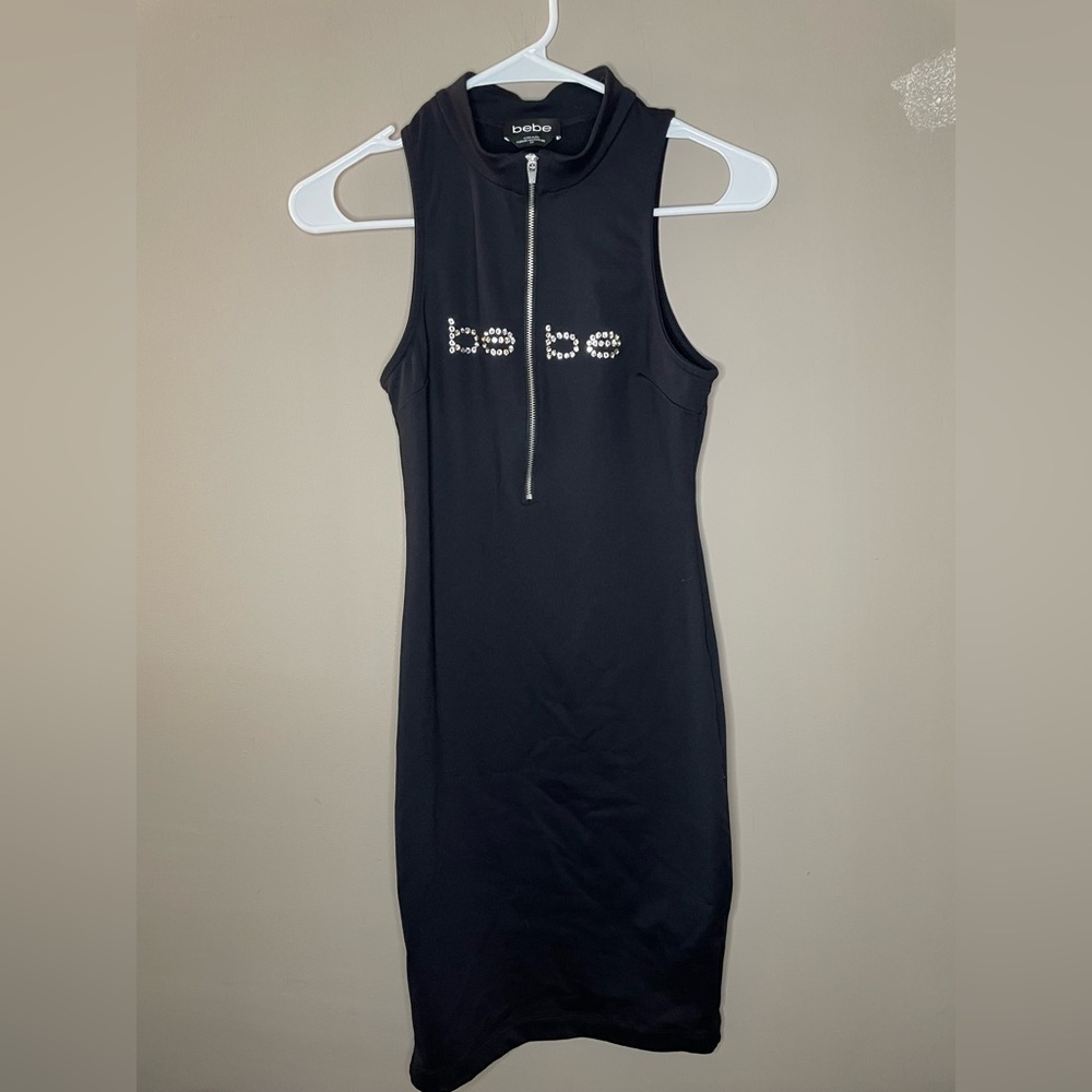 BEBE Black Rhinestone Stretch Zipper Bodycon Dress Size S